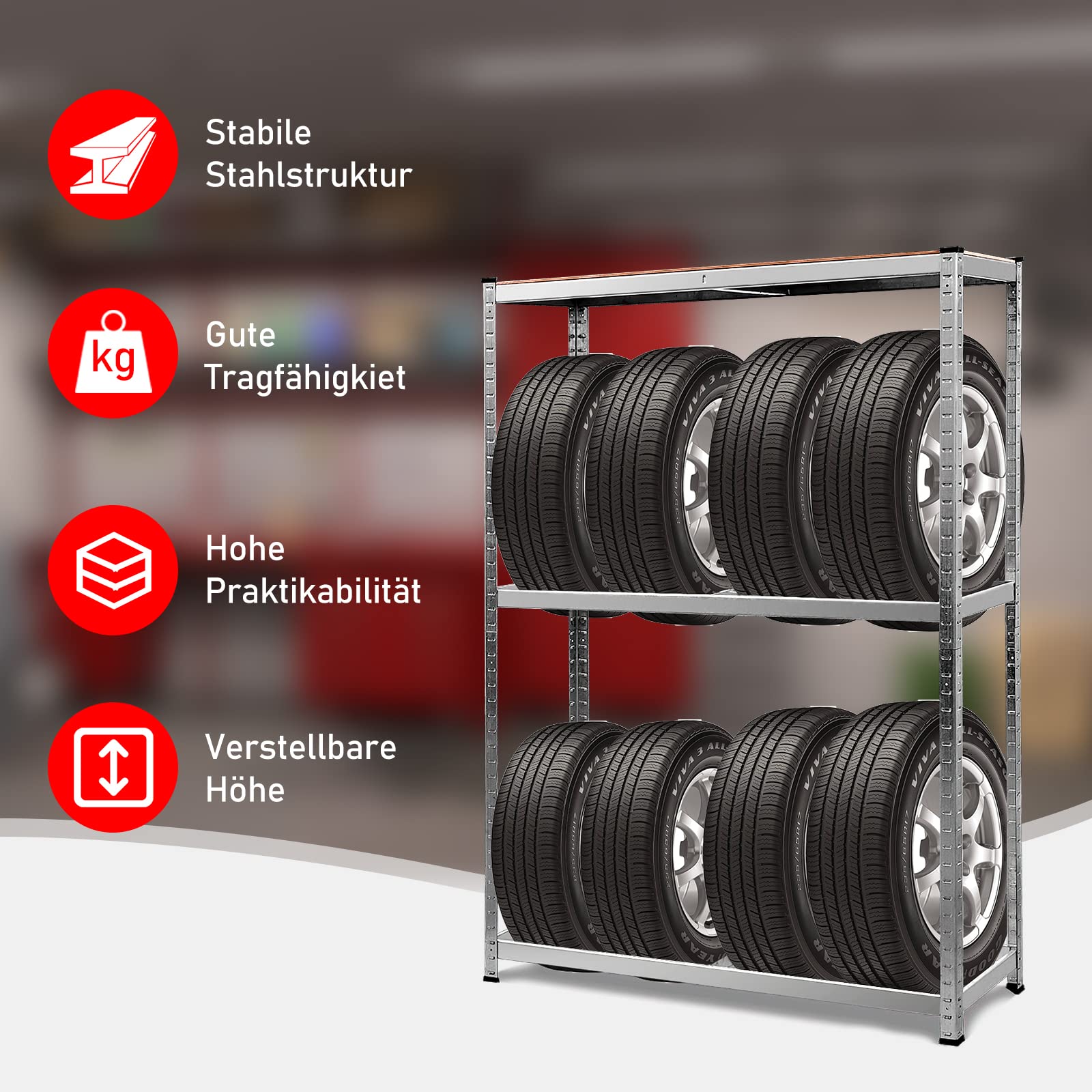 RELAX4LIFE Reifenregal, Reifenständer 3 Ebenen, belastbar bis zu 795 kg, höhenverstellbarer Reifenlager, Felgenregal aus MDF und Stahl, Garagenregal für 8 Reifen, 120 x 40 x 180 cm, Silber