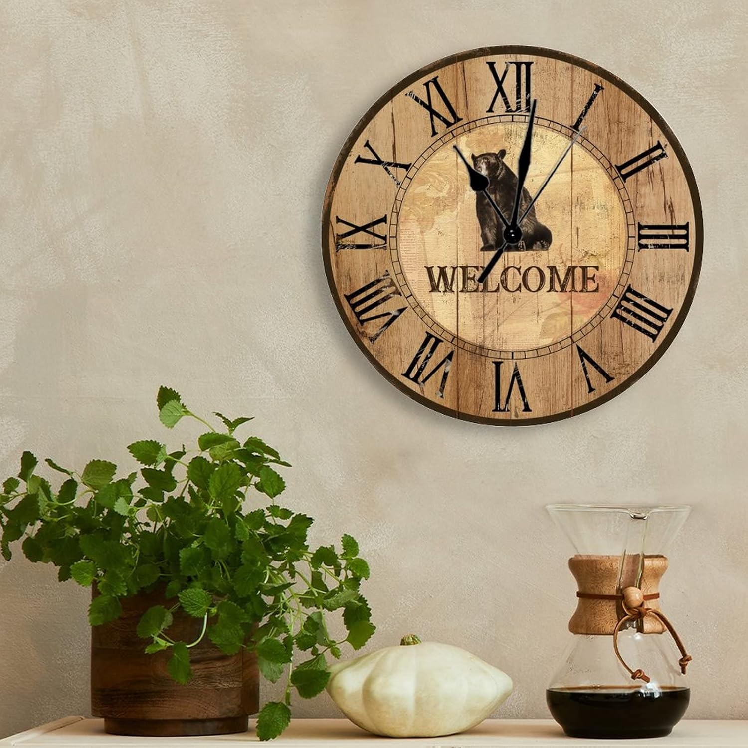 Retro Bear Lodge Wall Clock Cabin Decor Personalized Welcome Clock Large Wall Clocks Battery Operated 15 Inch Non-Ticking Rustic Wall Decor Home Decor for Kitchen Living Room Bedroom Office