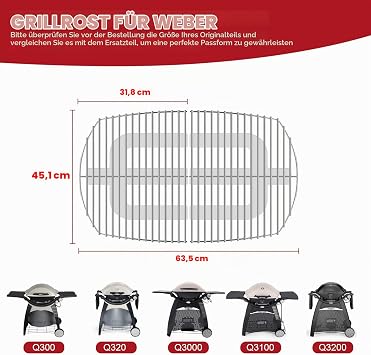 7646 Stainless Steel Cooking Grates for Weber Q300 Q320 Q3000 Q3200 Series 63.5 x 45.2 cm Replacement Parts Accessories 57060001 586002 404341 Gas Grills Set of 4