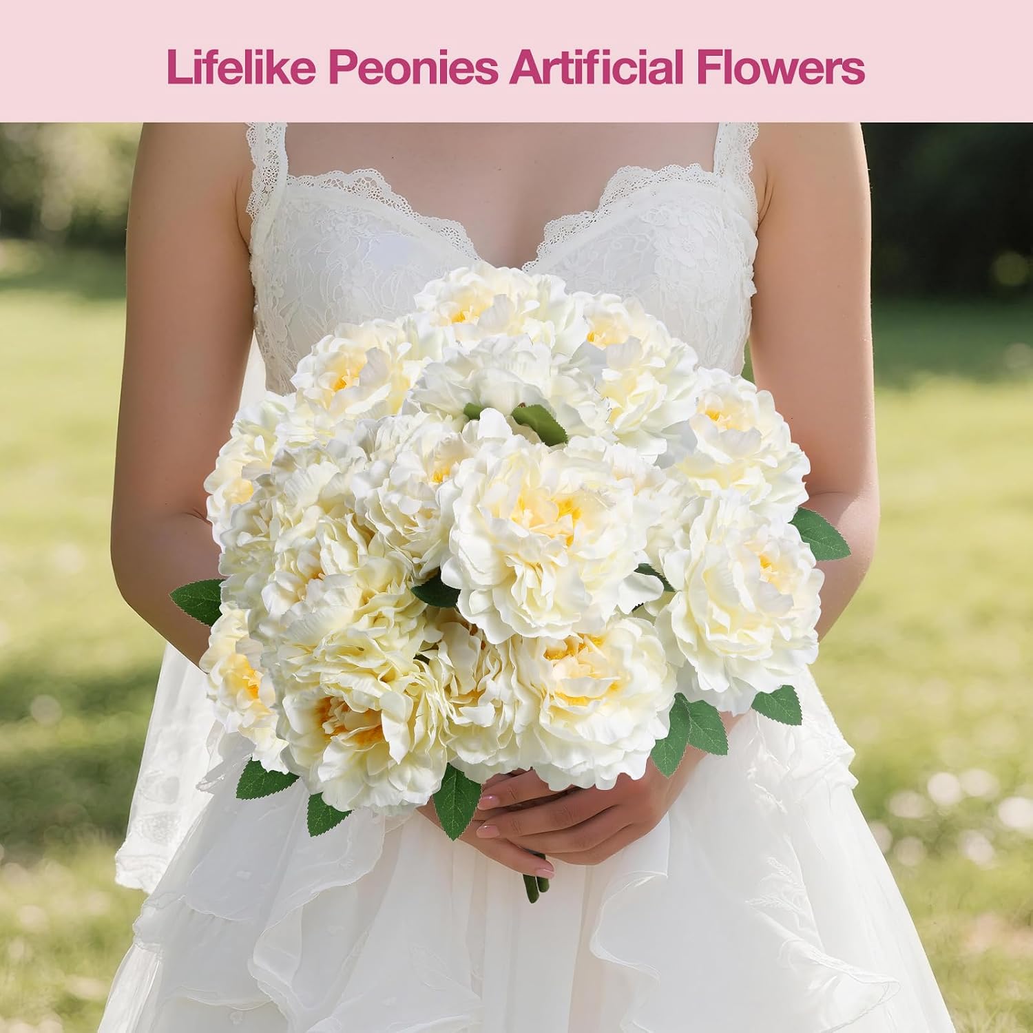 2 Pack Silk Peonies, 14 Large Blooms for Home and Wedding, Ivory White image 4