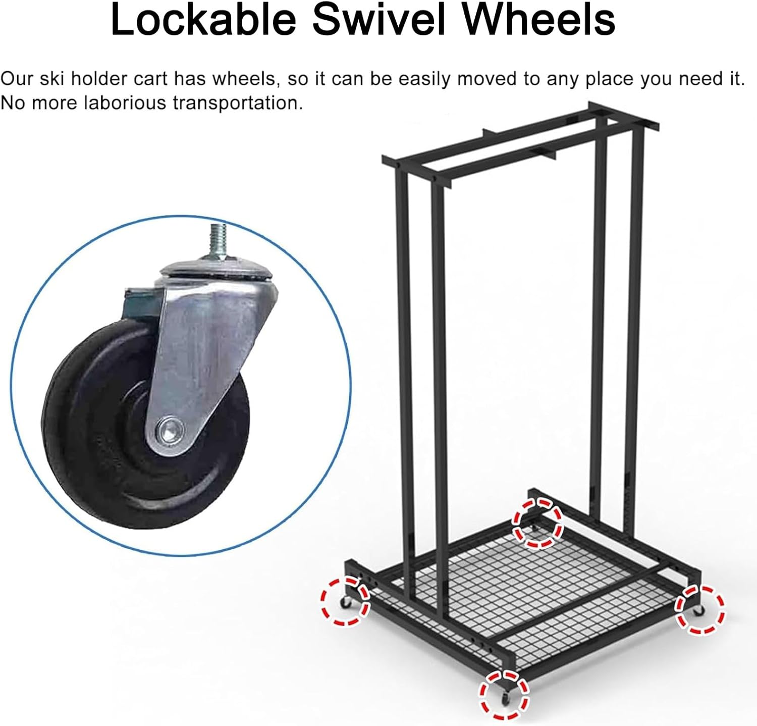 Commercial Snowboard Storage in A Garage, Freestanding & Movable Ski Organizer Rack with Wheels, Heavy-Duty Skateboard Display Stand Holder, Holds 4 6 8 10 Pair Skis(93x60x120cm)