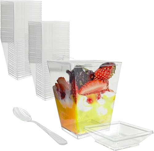 Live Flourished Paquete de 50 vasos desechables de plástico para postre de 5 onzas con tapa y cuchara