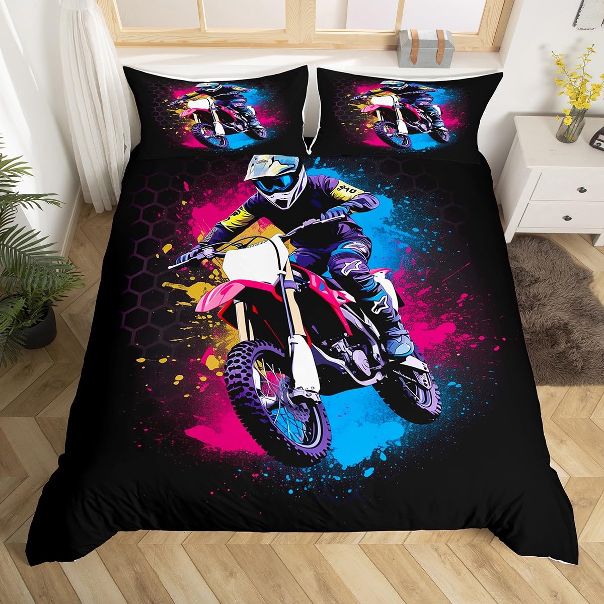 Loussiesd Dirt Bike Duvet Cover Set Single Size For Kids Boys Adults Teens Honeycomb Bedding Set Racing Motocross Rider Comforter Cover with 1 Pillowcase Motorbike Extreme Sports Beds Set - Image 3