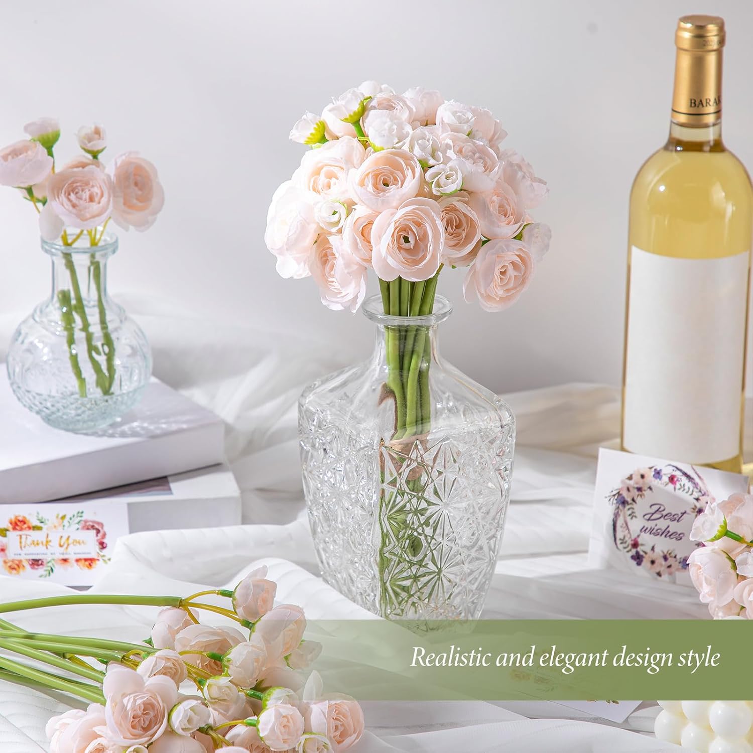 36 Pcs Ranunculus Artificial Flower Silk White Flower Realistic Faux Rose with Long Stems Fake Ranunculus Bouquet Wedding Flowers Bulk for DIY Bride Centerpiece Decoration(Champagne)