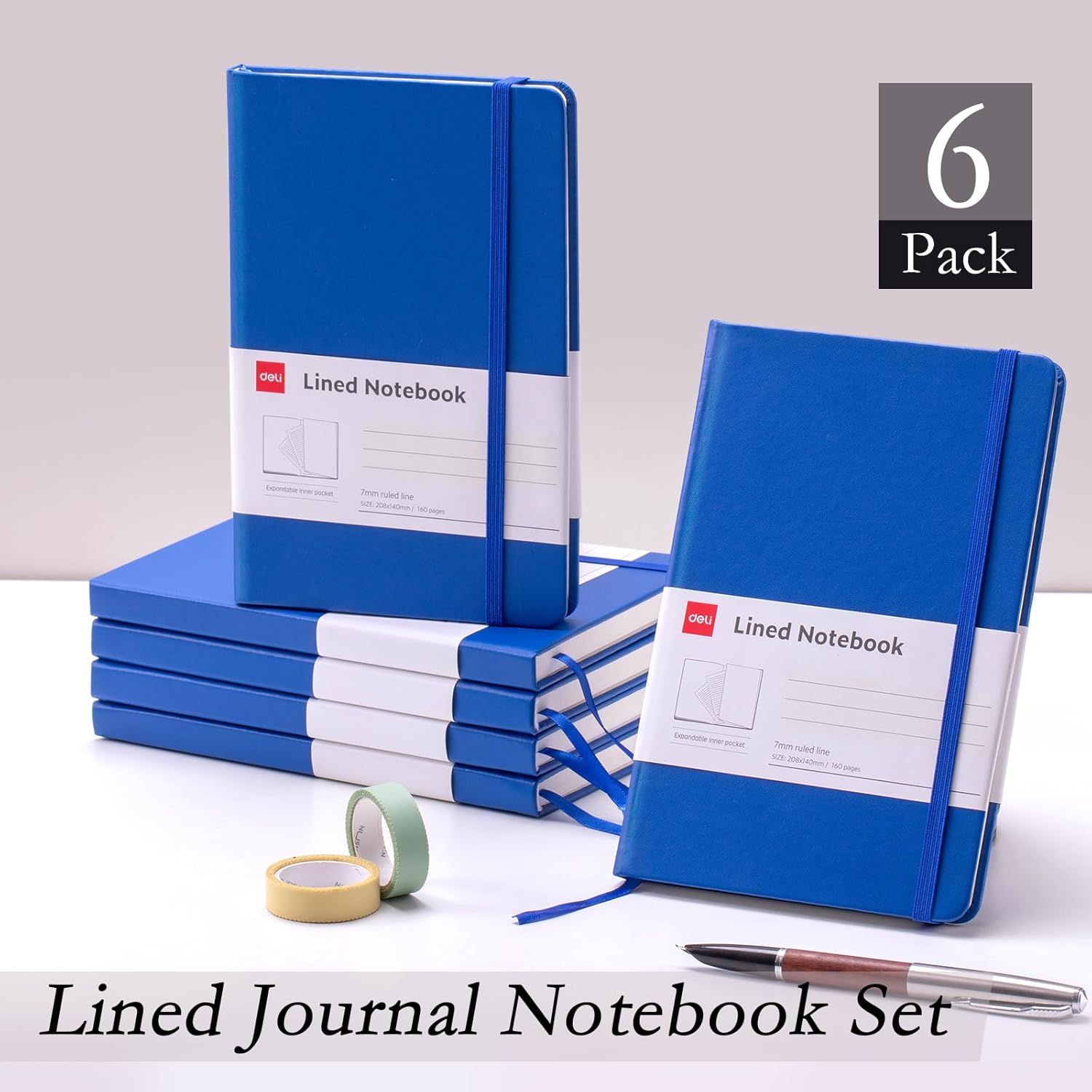 deli 6 Pack Blue Lined Journal Notebook for Work, Moleskine Notebooks, A5 (5.5"x8.3"), 160 Pages Hardcover Journaling Notebooks, Blue College Ruled Notebooks for Notes-taking/Work/Travel