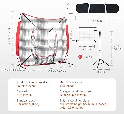 Miniatura 7 de Happybuy Red portátil de práctica de béisbol de 7 x 7 pies, equipo de entrenamiento para golpear, atrapar, lanzar, incluye bolsa de transporte y