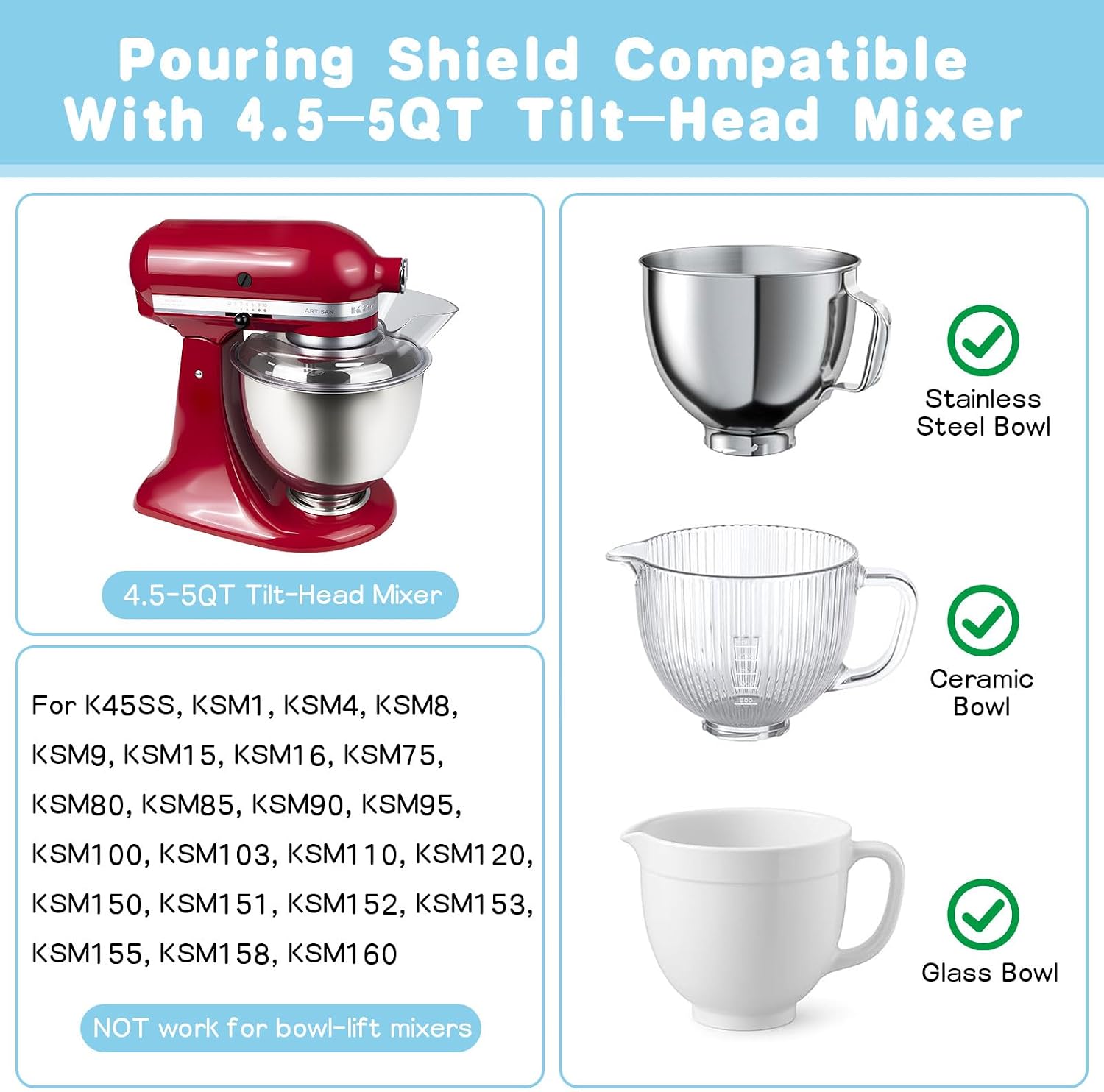 Pouring Shield for Kitchenaid Mixer Bowl 4.5-5QT, Bowl Cover Splash Guard for KitchenAid Tilt-Head Stand Mixer, Fits Stainless Steel/Glass/Ceramic Bowls and Dishwasher Safe