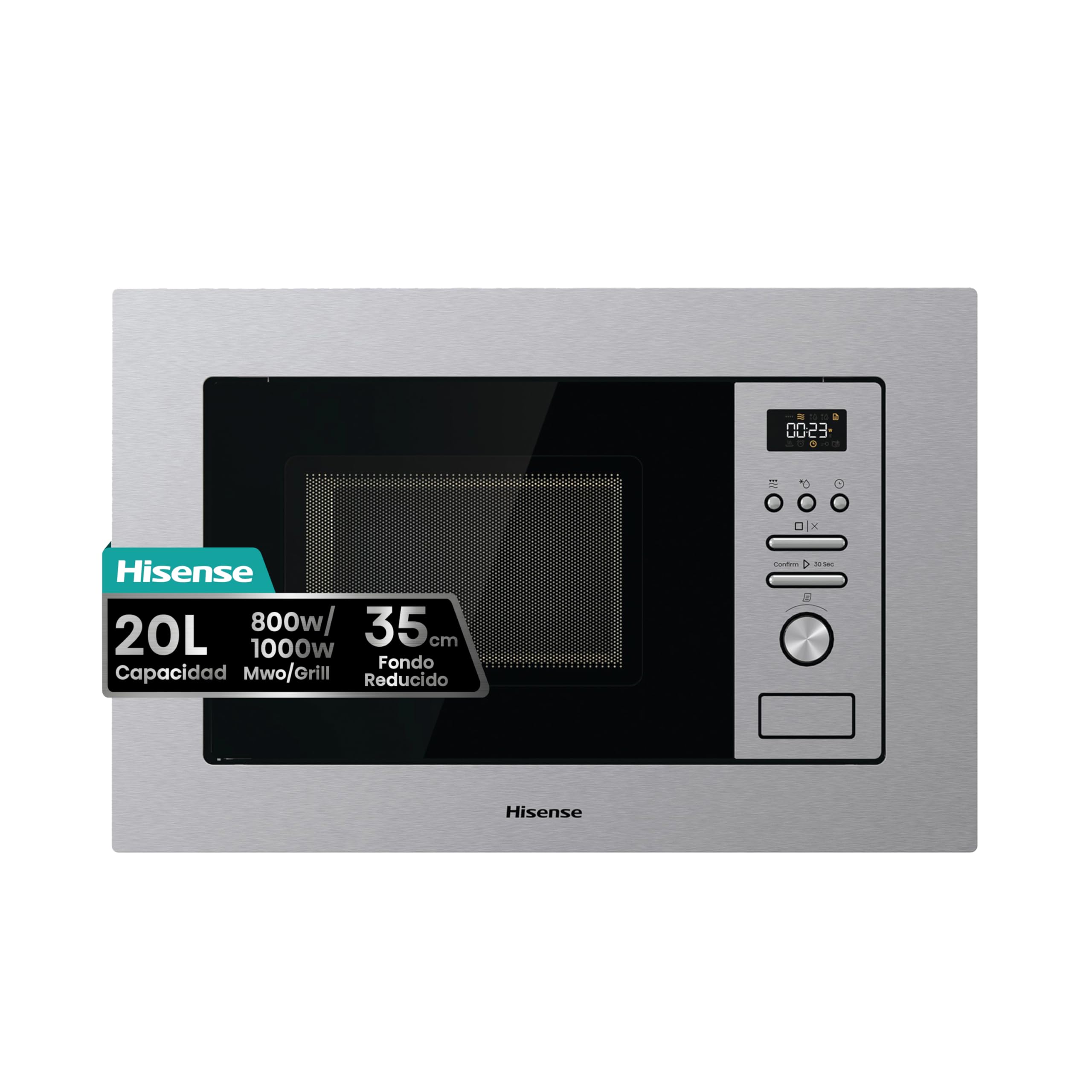 Hisense BIM320G41X – Integrated Microwave, 1000W, 20L, Height 38.8 cm x Width 59.5 cm, Stainless Steel, 5 Power Levels, 15 Preset Programs, Grill Combo, Defrost by Time or Weight