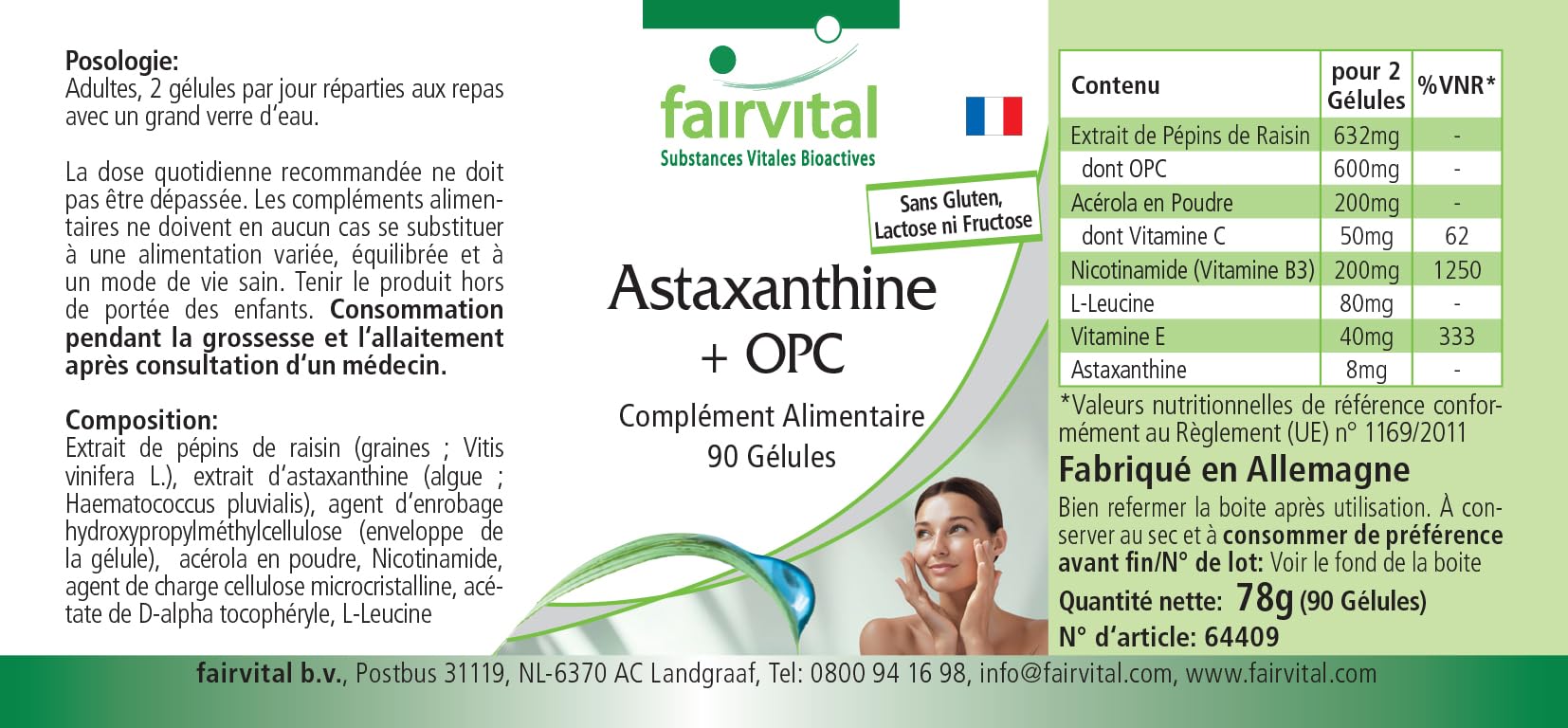 fairvital Astaxanthine + OPC, 90 gélules, avec vitamine c d'acerola, nicotinamide (vitamine B3) et vitamine E, qualité certifiée et hautement dosé, 100% végétalien, fabriqué en Allemagne