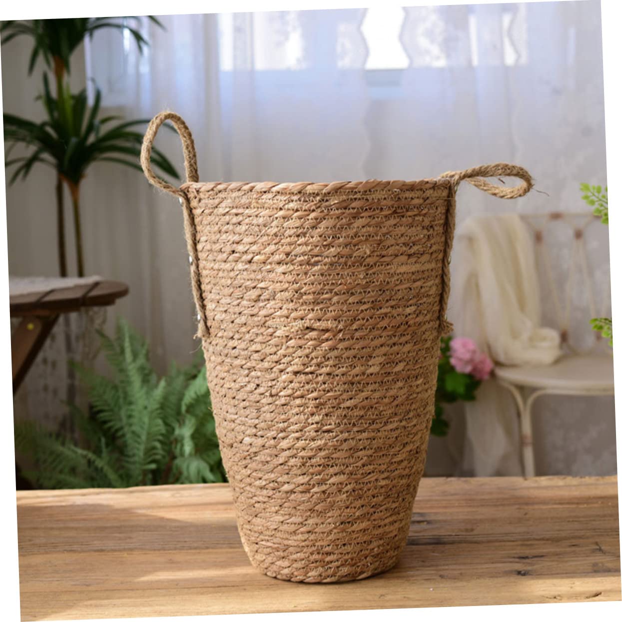 Abaodam Panier à Fleurs Décoratif Grand Modèle en Paille Tressée Résistant et Gain de Place Rustique Élégant Maison Bureau