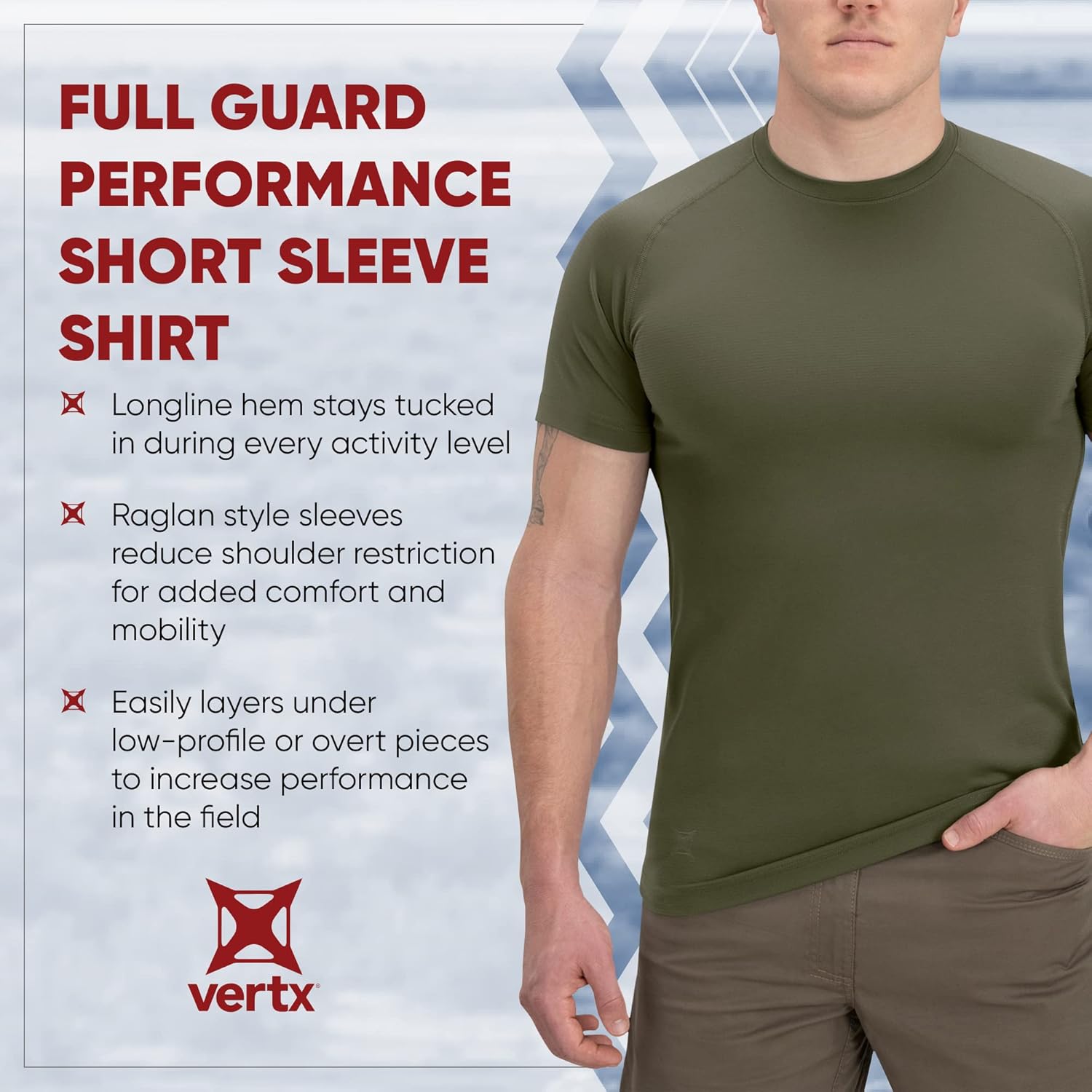 Vertx Mens Short Sleeve Tactical T Shirt for Athletic, Workout, Police, Pull On Longline Style, Semi Compression Fit