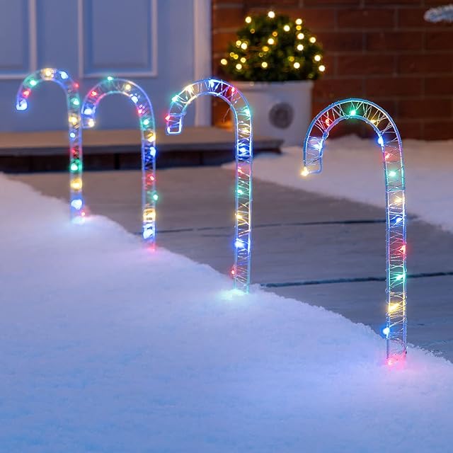CHRISTOW Candy Cane Christmas Lights, Outdoor Path Stake Decorations, Flashing Micro LED, Battery Operated with Timer, 4 x 30cm (Multi Coloured)