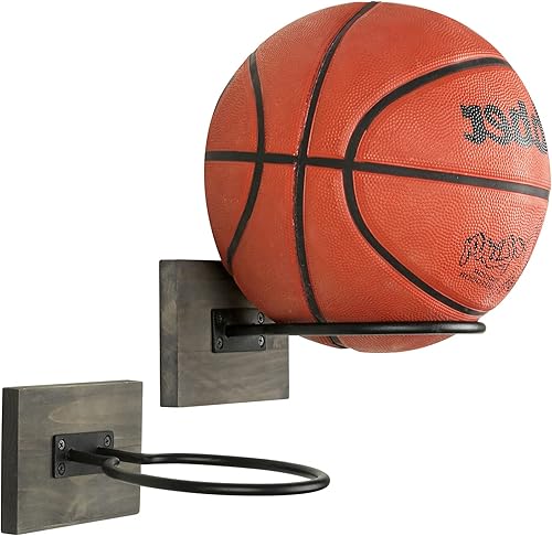 Miniatura 8 de MyGift Juego de 2 soportes de bolas deportivas de madera y metal para montar en la pared