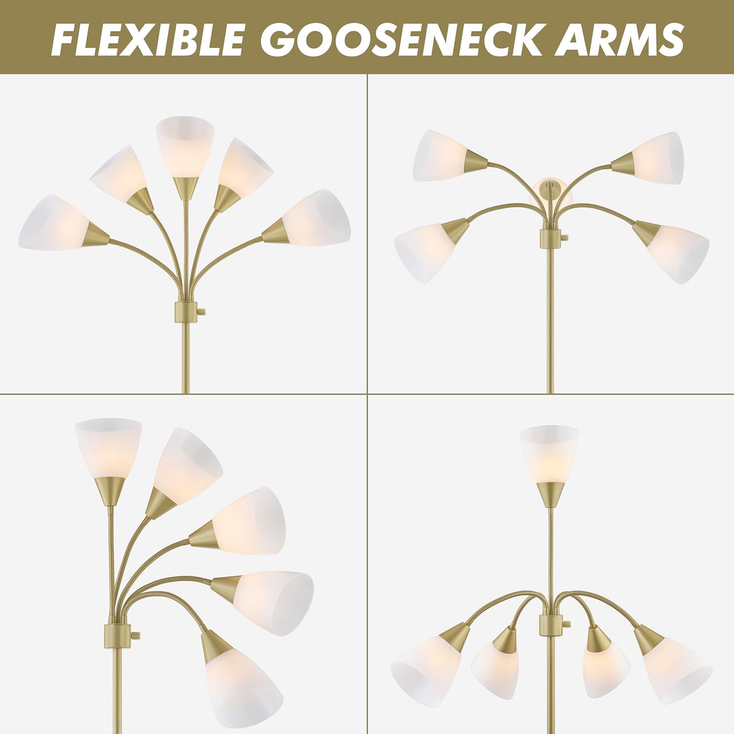 Medusa Modern Decor Floor Lamp, Multi Head Adjustable Gooseneck Bright Light Lamps for Reading, White Shades Tall Standing Tree Floor Lamps for Living Room Bedroom Office Kids Classroom, Gold