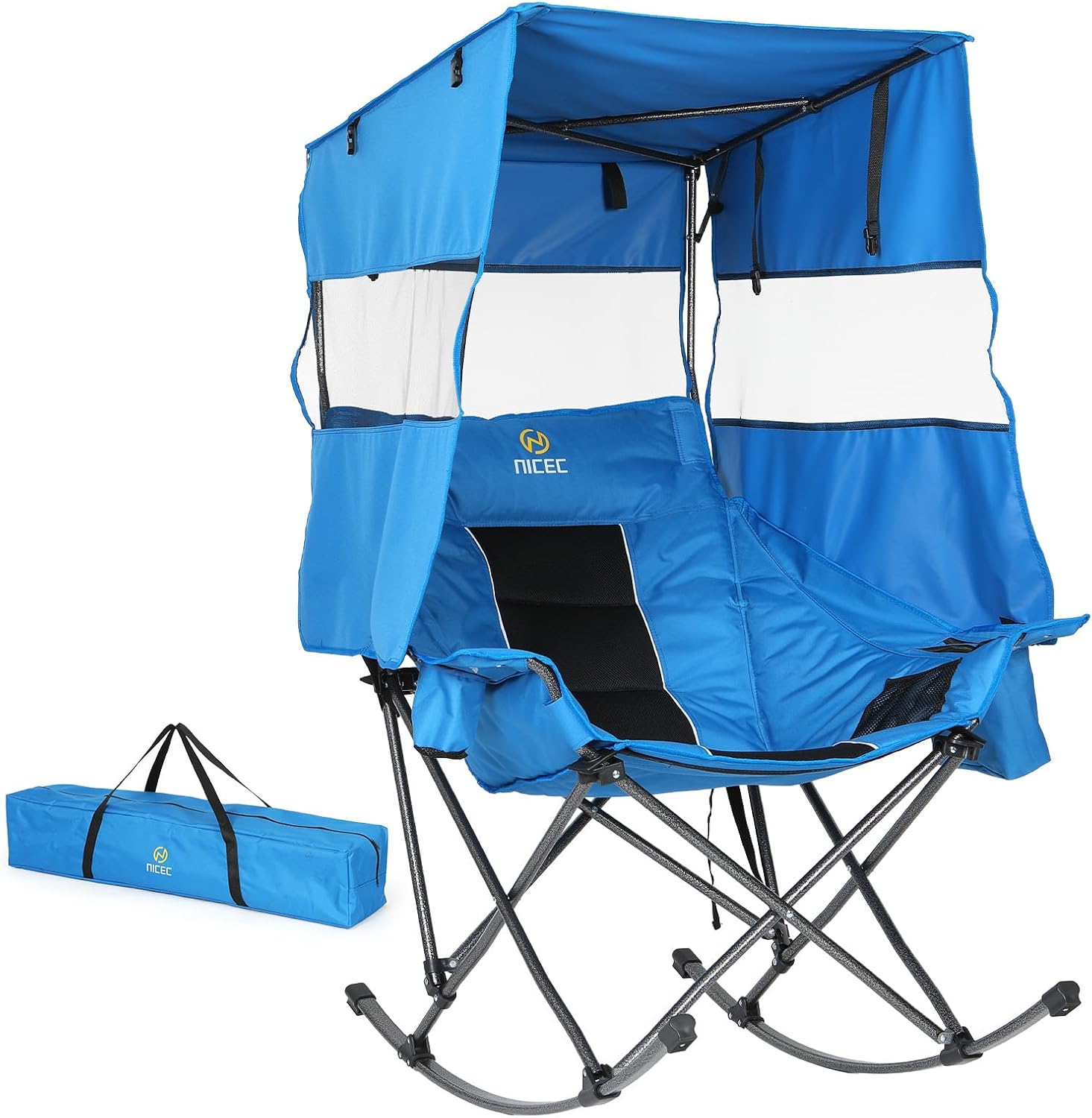 Nice C Rocking Camping Chair with Canopy, XL Oversized Folding Rocker for Adult, Outdoor Umbrella Chairs with Shade, with Cup Holder, Cooler Bag, Carry Bag, for Sports, Patio, Backyard (1 Pack, Blue)