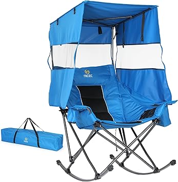 Nice C Rocking Camping Chair with Canopy, XL Oversized Folding Rocker for Adult, Outdoor Umbrella Chair with Shade, Cup Holder, Cooler Bag, Carry Bag, for Sports, Patio, Backyard 1 Pack, Blue
