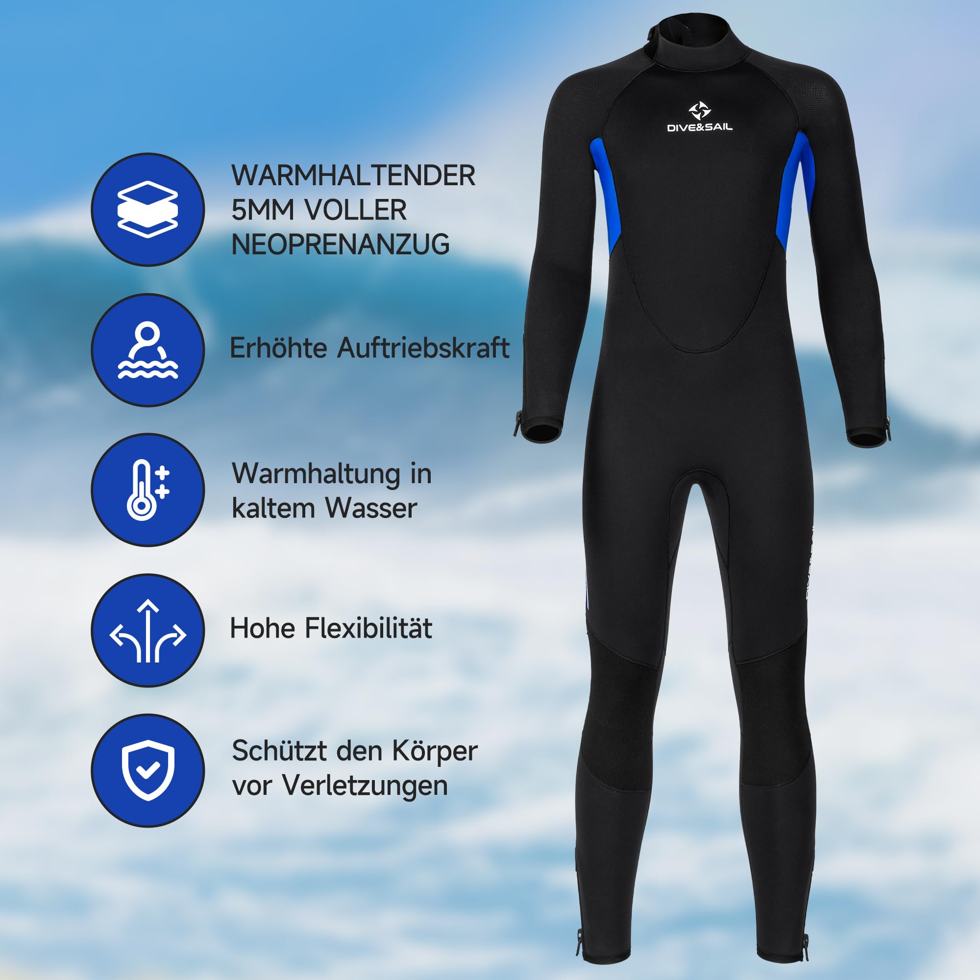 Tauchanzug 5mm Neopren Tauchanzug Herren Damen Dickwandiger Volltauchanzug Rückenreißverschluss Langarm Warmhalte für Tauchen Surfen Schnorcheln Wassersport