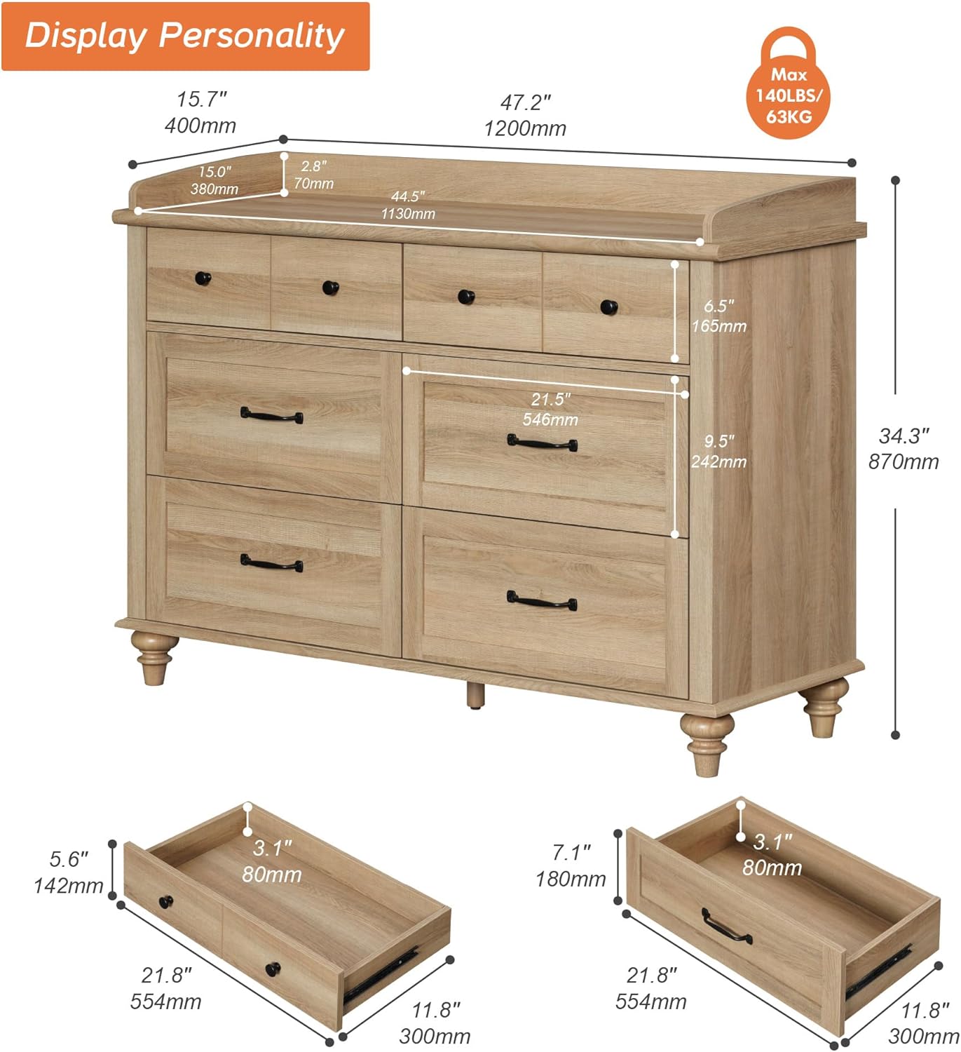 WAMPAT Kids Dresser for Bedroom with 6 Drawers, Oak Baby Dresser with Wide Chest of Drawers, Farmhouse Kids Closet Storage Organizer, Wood Dressers for Living Room, Nursery, Hallway