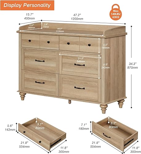 Miniatura 4 de WAMPAT Cómoda para dormitorio con 6 cajones, cómoda de roble para bebé con cómoda ancha, organizador moderno de almacenamiento de armario para