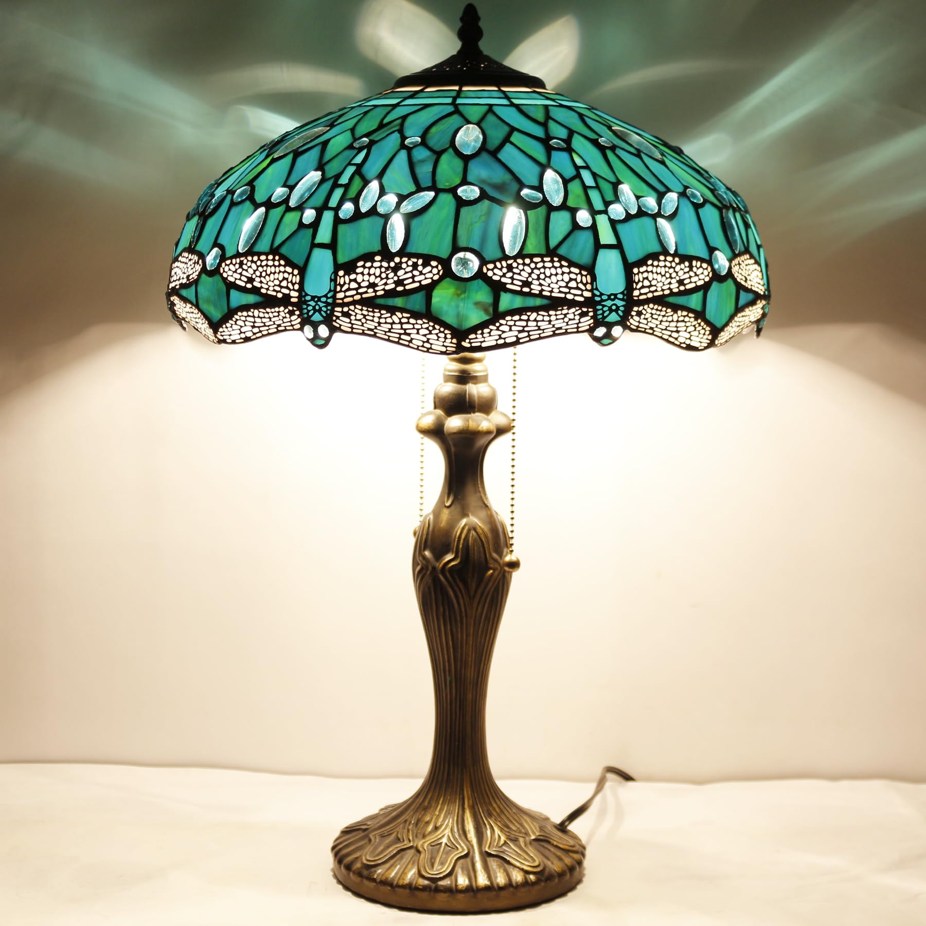 WERFACTORY Tiffany Table Lamp Green Stained Glass Dragonfly Bedside Lamp 16X16X24 Inches Desk Reading Light Metal Base Decor — view 2