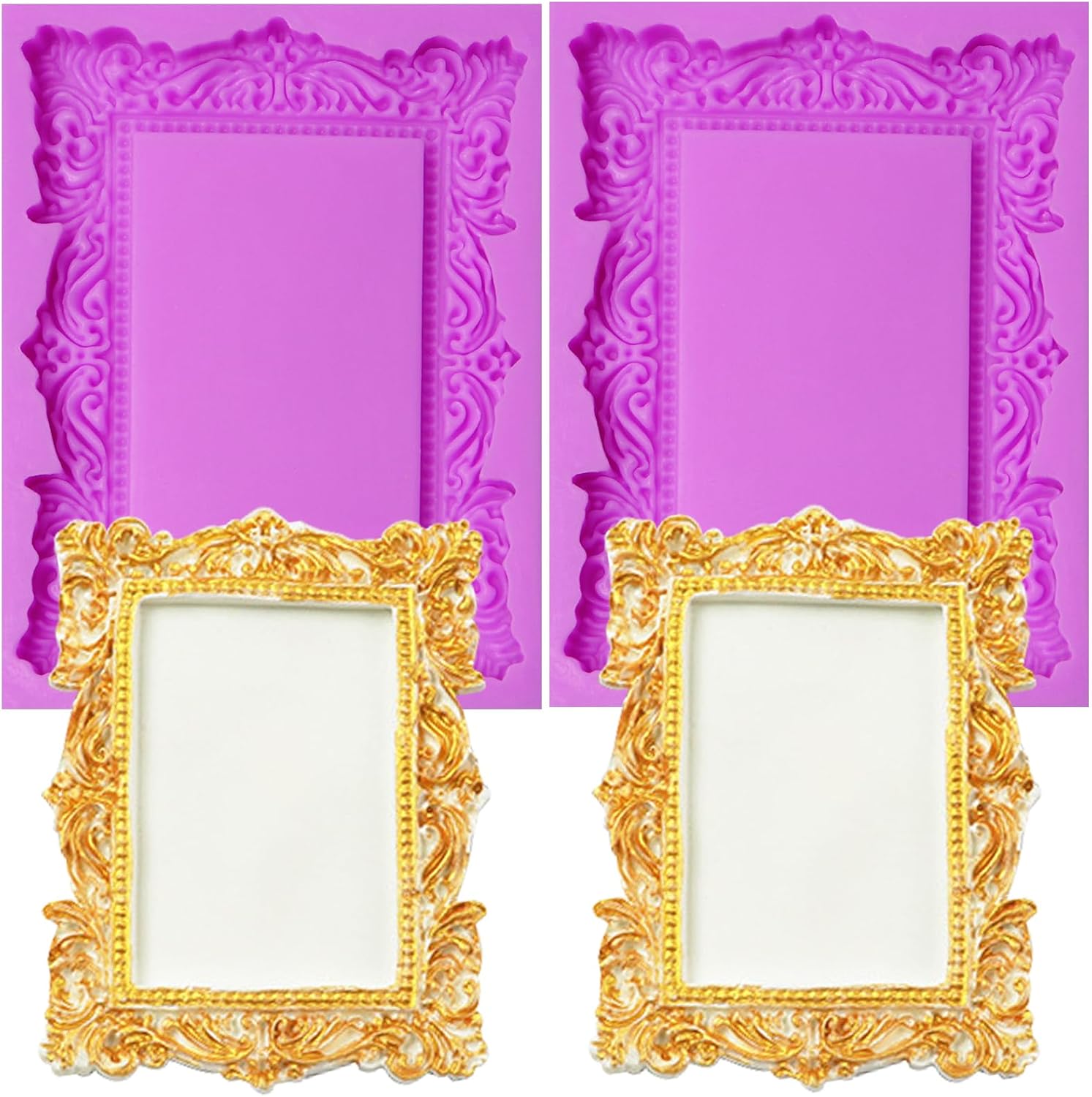 Baroque Photo Frame Fondant Silicone Molds, 3D Picture Mirror Frame Cake Decoration Molds for Chocolate Candy Sugar Craft Gum Paste Cookies Resin Clay Set of 2