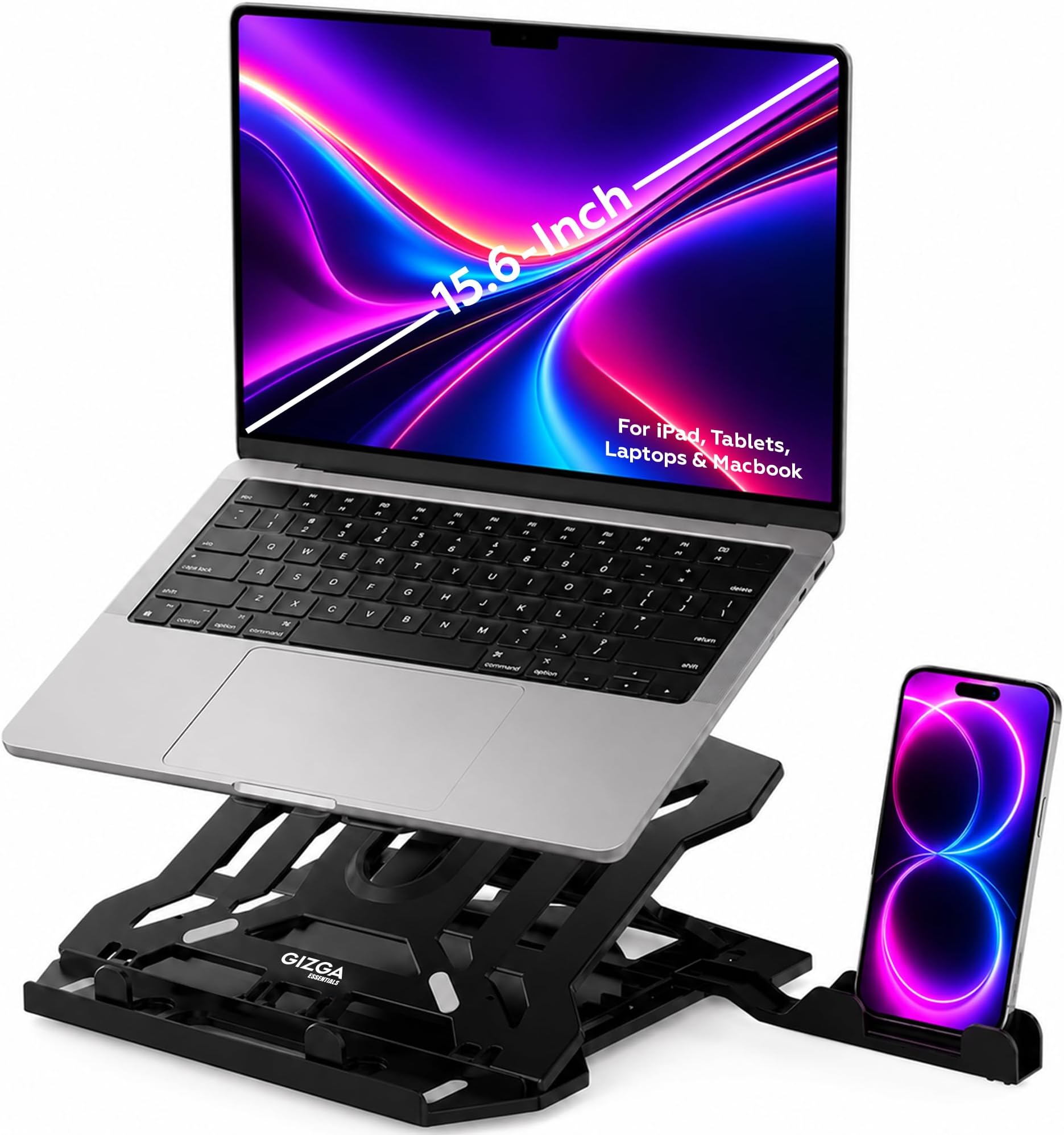 GIZGA Essentials Laptop Stand Riser for 12 to 15.6 Inch Laptop, MacBook, Tablet| Ergonomic Height/Angle Adjustable Stand with Phone Holder, Heat Dissipation, Anti-Slip Base, Portable Lightweight ABS