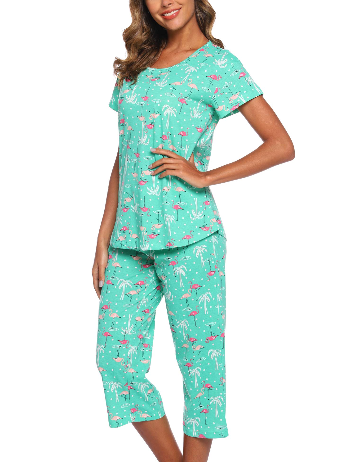 ENJOYNIGHTWomens Pyjamas Short Sleeve Top and Cropped Bottoms Pjs Set Cotton Loungewear Cute Print NightwearGlobal Recycled StandardGlobal Recycled StandardGlobal Recycled Standard