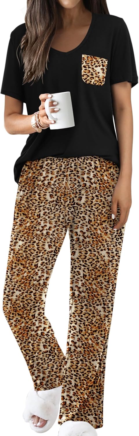 Ekouaer Pajama Sets for Women Short Sleeve Pj Set V Neck Sleepwear Chest Pocket with Long Pants Casual Loose Loungewear