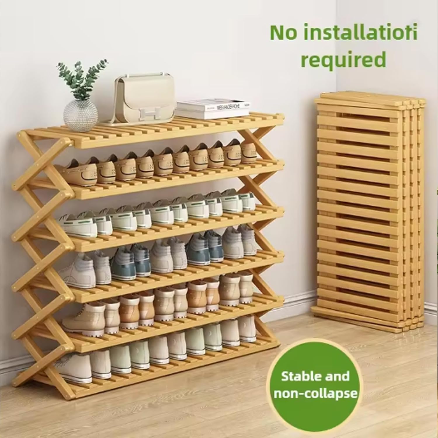 Bamboo Shoe Rack,Portable Folding Shoe Storage Rack,Without Installation Small Shoe Rack Perfect for Corridors, Bedrooms and Small Spaces,5 Layer,L: 50cm/19.7in