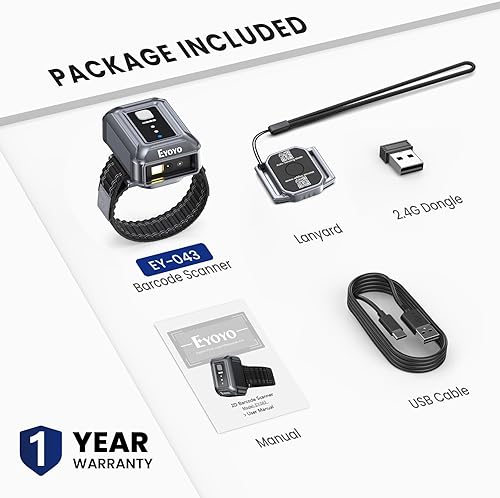 Miniatura 8 de Eyoyo Escáner de código de barras portátil con pulsera escaneo de código 1D 2D rápido manos libres, mini lector de código QR inalámbrico Bluetooth