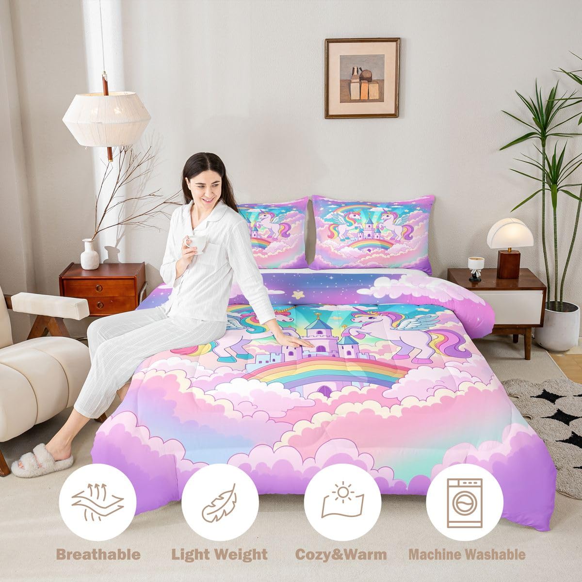 Homewish Kids Castle Marzycielski pojedynczy zestaw pościeli – księżniczka uroczy jednorożec zestaw pościeli kawaii, jednorożec, galaktyka, tęcza, poszewka bez poszewki na poduszkę