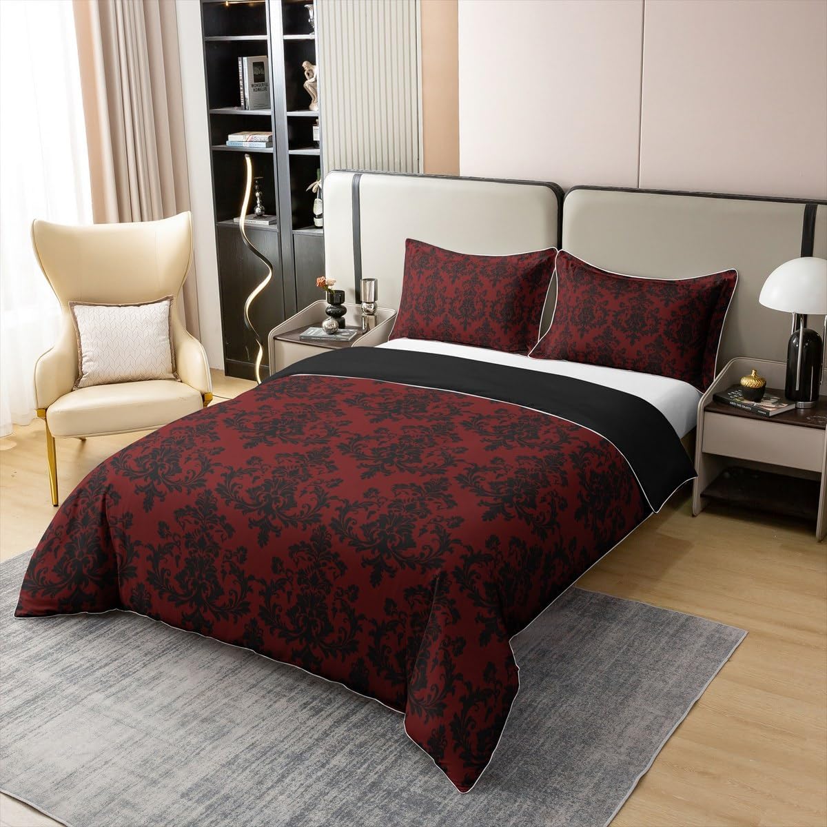 Red Black Damask 100% Nature Cotton Kids Duvet Cover Queen Size 3pcs,Vintage Gothic Lace Floral Print Reversible Bedding Set with 2 Pillowcases,Antique Victorian Baroque Boho Style Quilt Cover