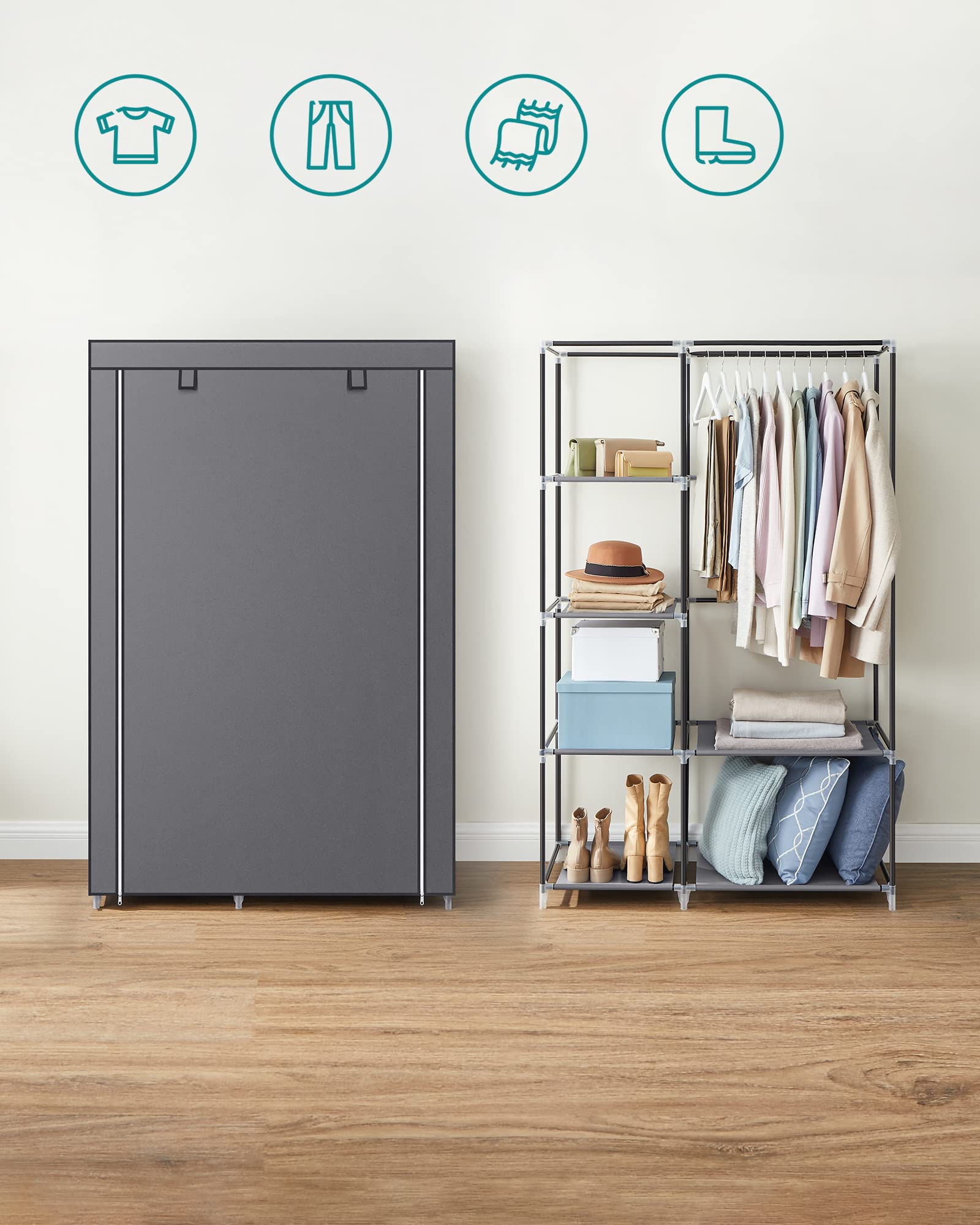 SONGMICS Armoire à Vêtements, Penderie, 1 Tringle à Vêtements, 6 Niveaux, Tissu Non-tissé, Cadre Métallique, 45 x 105 x 168 cm, pour Chambre, Couloir, Dressing, Gris RYG085G02