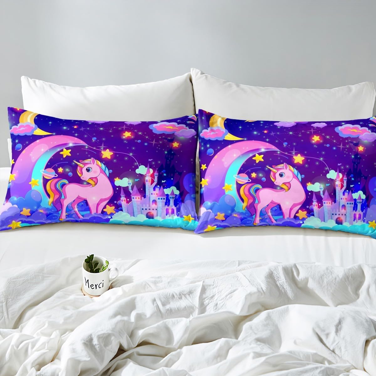 Galaxy Star Cartoon Unicorn Bed Sheets Set Full, Girls Cute Unicorn Sheet Set Cartoon Unicorn Sheets with Deep Pocket Fitted Sheet for Kids Toddler Fairy Dreamy Horse Bedding Set With 2 Pillow Case