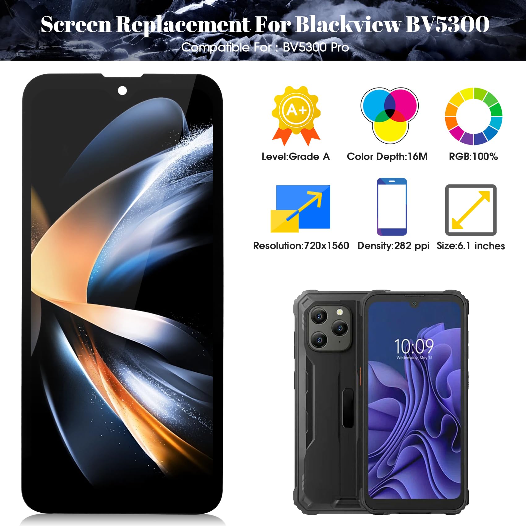 Kit de réparation d'écran LCD pour Blackview BV5300/BV5300 Pro Blackview BV5300 Pro, écran tactile numériseur sans cadre (noir)