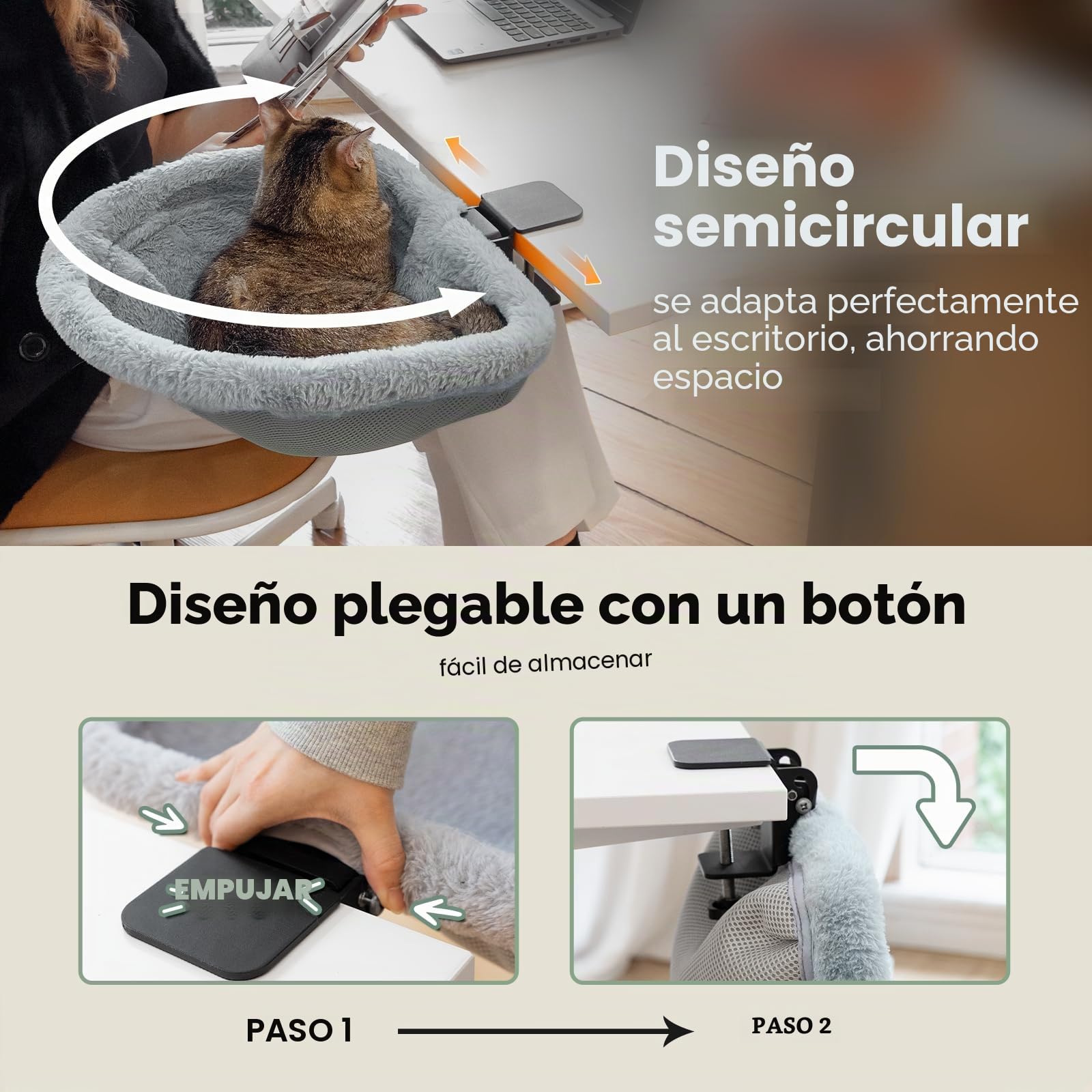 JUNSPOW Cama de escritorio para gatos, plegable con un solo clic, diseño hundido y cama semicircular para gatos que ahorra espacio, material de piel de conejo sintética suave, adecuada para varios