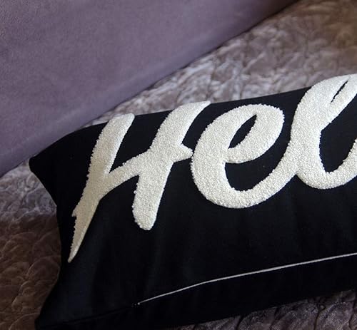 Miniatura 4 de Funda de almohada decorativa bordada con texto en inglés Hello Low, funda de almohada lumbar de 12 x 20 pulgadas, solo funda (tela negra, texto