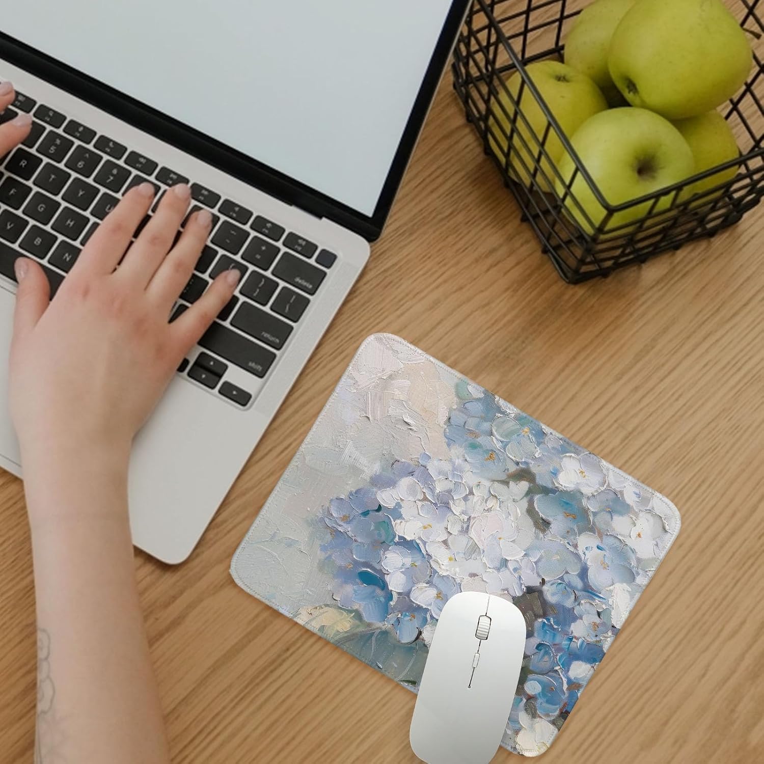 Blue Hydrangea Small Mouse Pad,Blue and White Floral Desk Mat,Cute Small Computer Office Desk Mat for Women 8x10 in image 2
