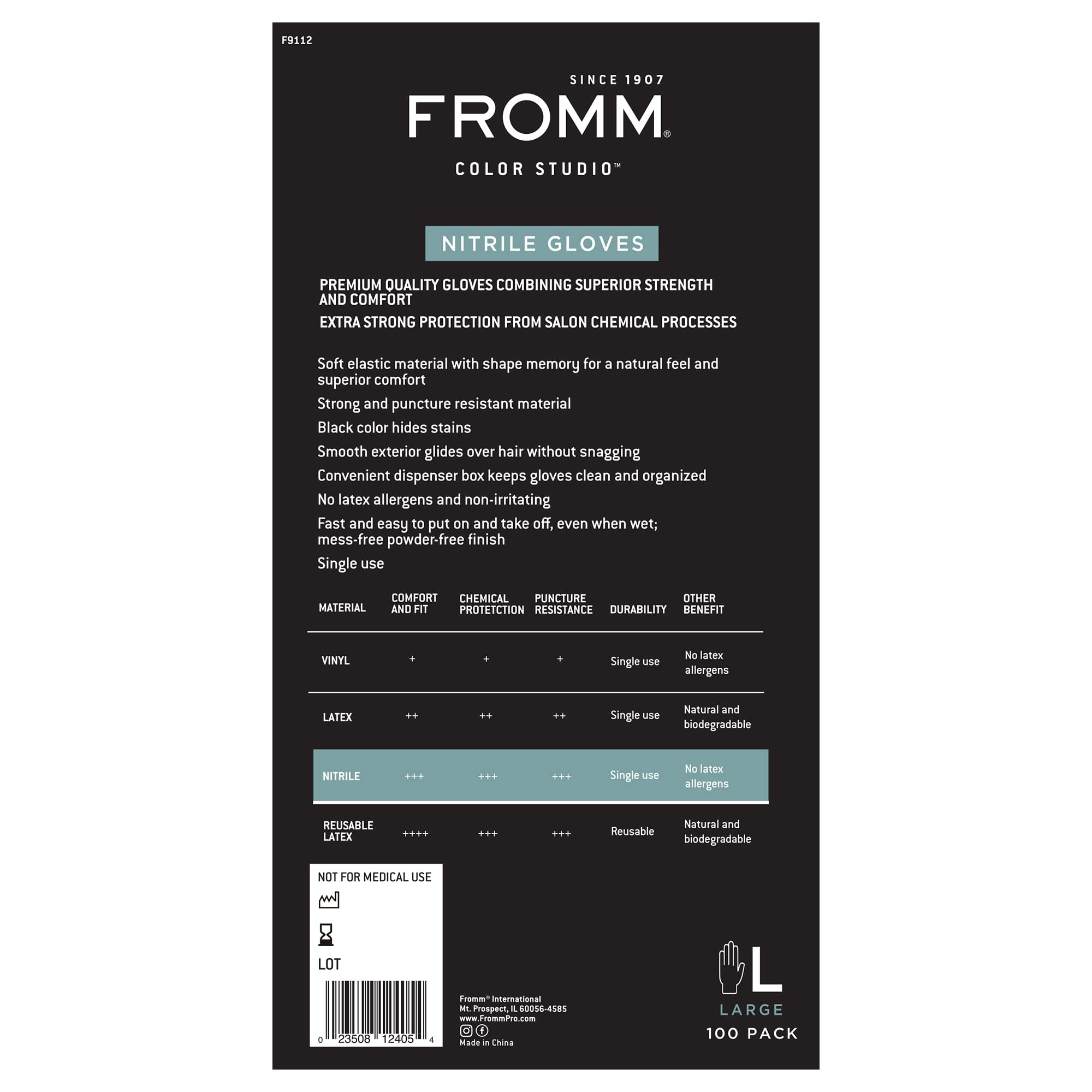 Fromm Fomm Color Studio, guanti monouso in nitrile senza polvere, grandi, resistenti alle macchie, neri, per tinture per capelli, trattamenti chimici e pulizia della casa (confezione da 100)