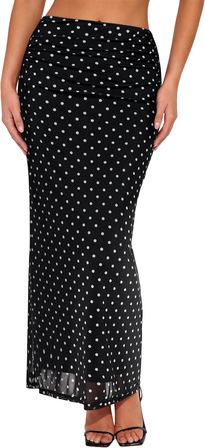 REORIA Womens Long Mesh Maxi Skirt Mid Waist Fashion Ruched A-Line Skirts