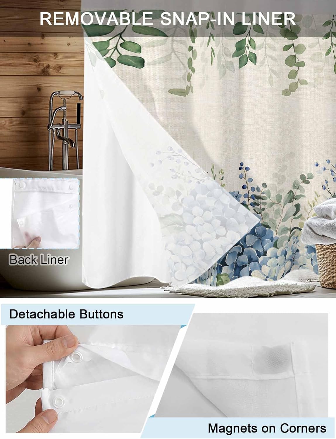Spring Hydrangea No Hook Shower Curtain with Snap in Liner Blue Flower Green Leaf Vintage Linen Plant Shower Curtain for Bathroom, Fabric Waterproof Inner Liner with Mesh Top Window, 48x72