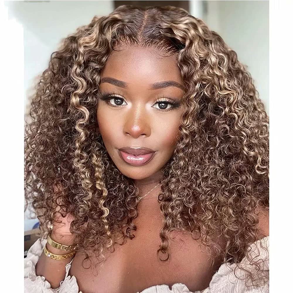 Highlight Wig Honey Blonde Curly Human Hair Wig 13x6 HD Transparent Lace Front Wigs Pre-Plucke for Woman with Baby Hair Brazilian Brown Color Deep Water Wave Human Hair Wig 150% Density 12 inch