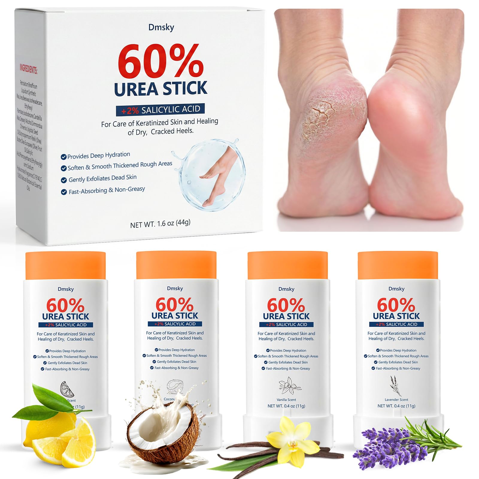 Dmsky 4 Packs Urea Foot Cream 60% Urea with 2% Salicylic Aci,Urea Foot Care Stick,Strength Foot Cream Moisturizer for Dry Cracked Feet, Knees, Elbows, Hands,Moisturizes and Hydrates the Dry Skin