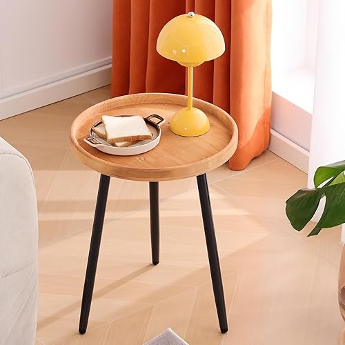 Welnow Mesa auxiliar redonda, mesa de café, bandeja de madera natural, mesa de noche de escritorio con patas de metal para sala de estar,