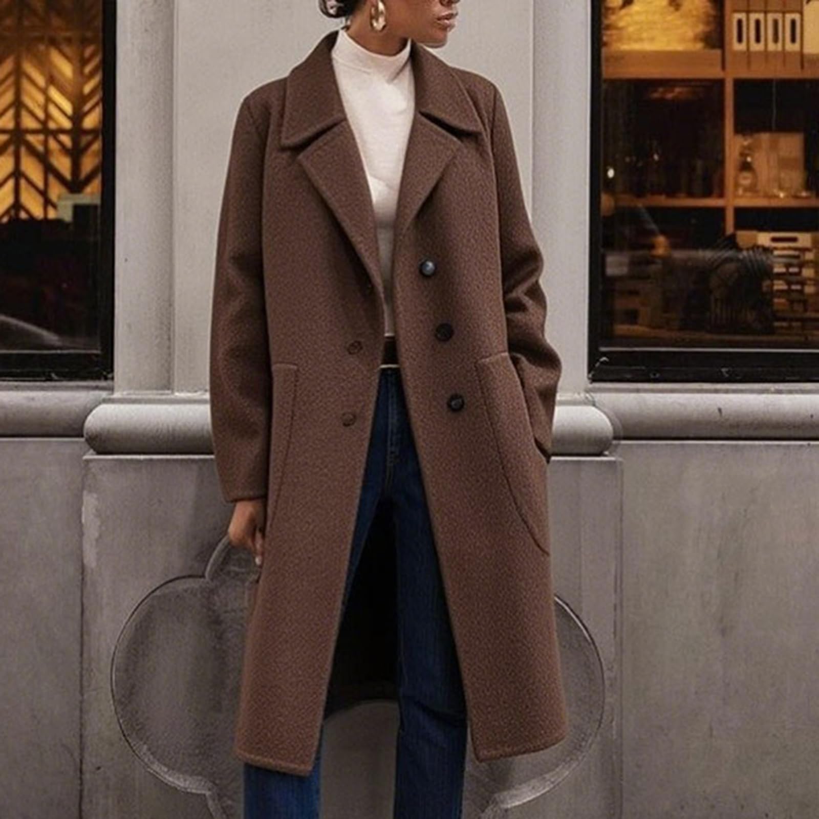 Wollmantel Damen Lang Winterjacke Braun Wintermantel Elegant Mäntel