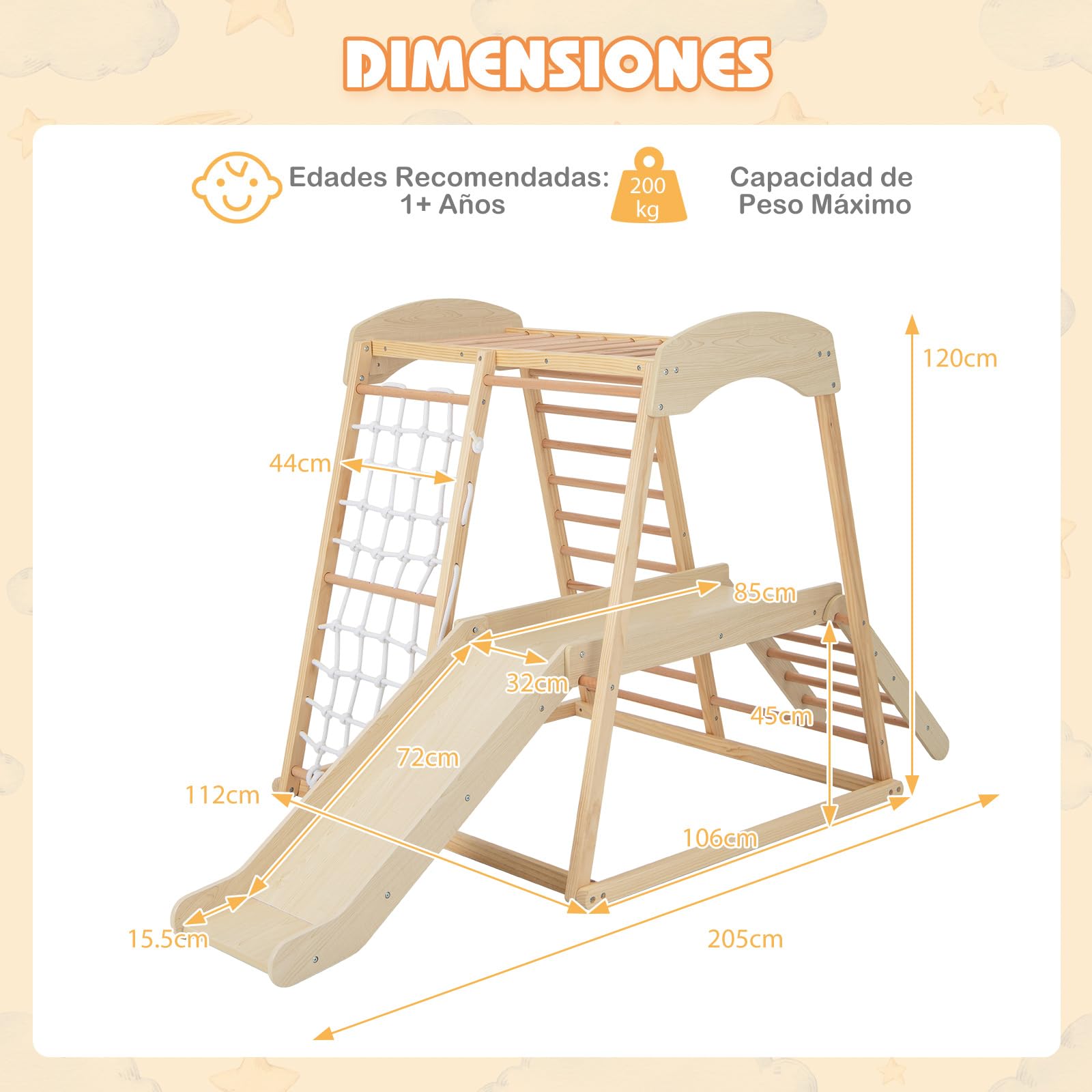 COSTWAY Parque Infantil para Interior 6 en 1, Montessori Parque Infantil Barras, Tobogán, Cuerda y Escaleras de Madera, Juego Escalador de Juguete con Anclajes para Niños 1+ Año (Natural)