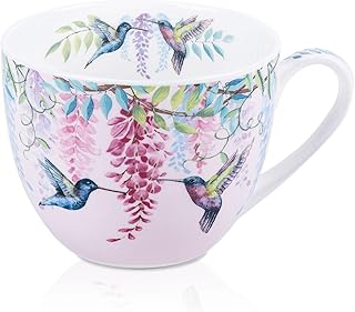 Spring Hummingbird Hug Mug - 20oz Pink Bone China Coffee Tea Mug with Fl...