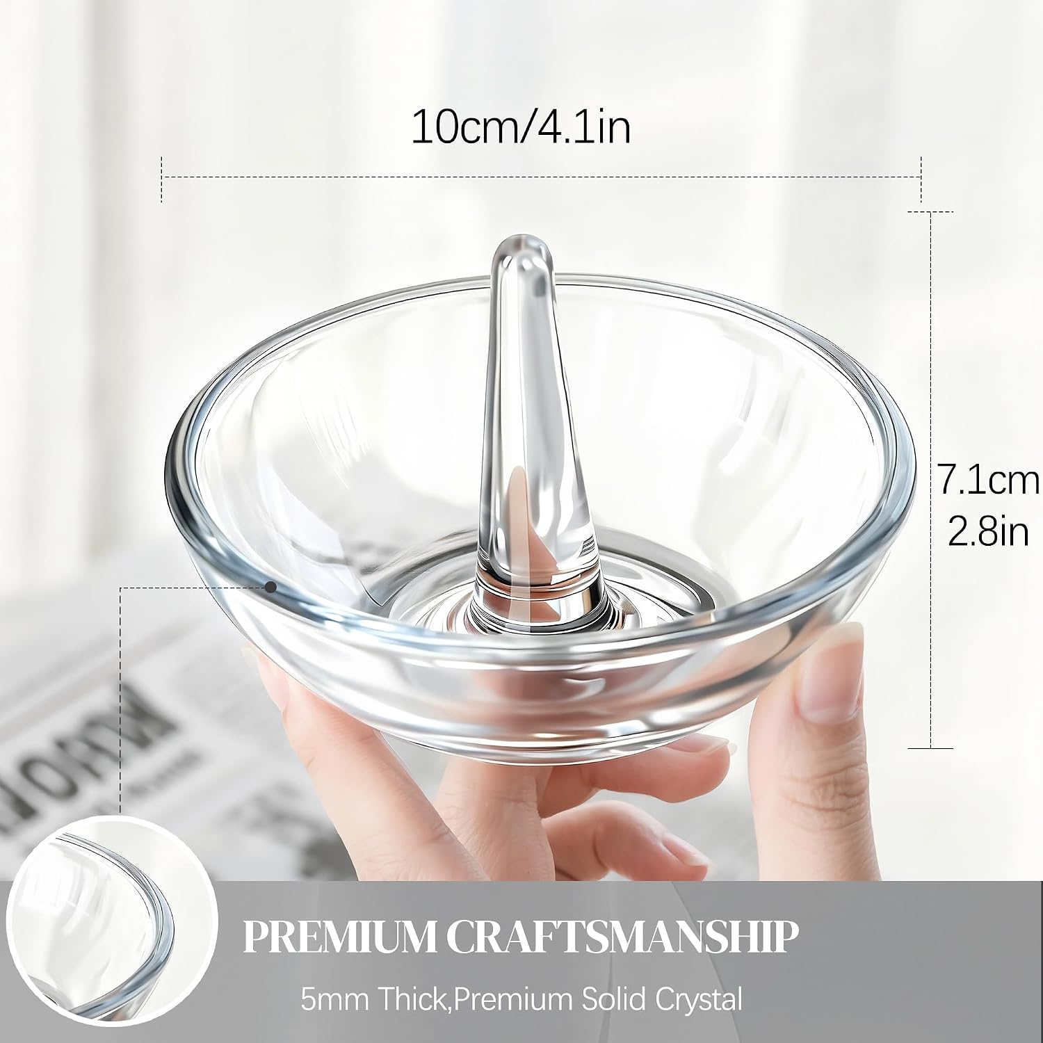 H&D HYALINE & DORA 4.1'' Round Ring Tray Glass Trinket Jewelry Tray Dish Small Ring Holder for Organizing Necklace Earrings Gifts for Mom Best Friend Sister, Clear
