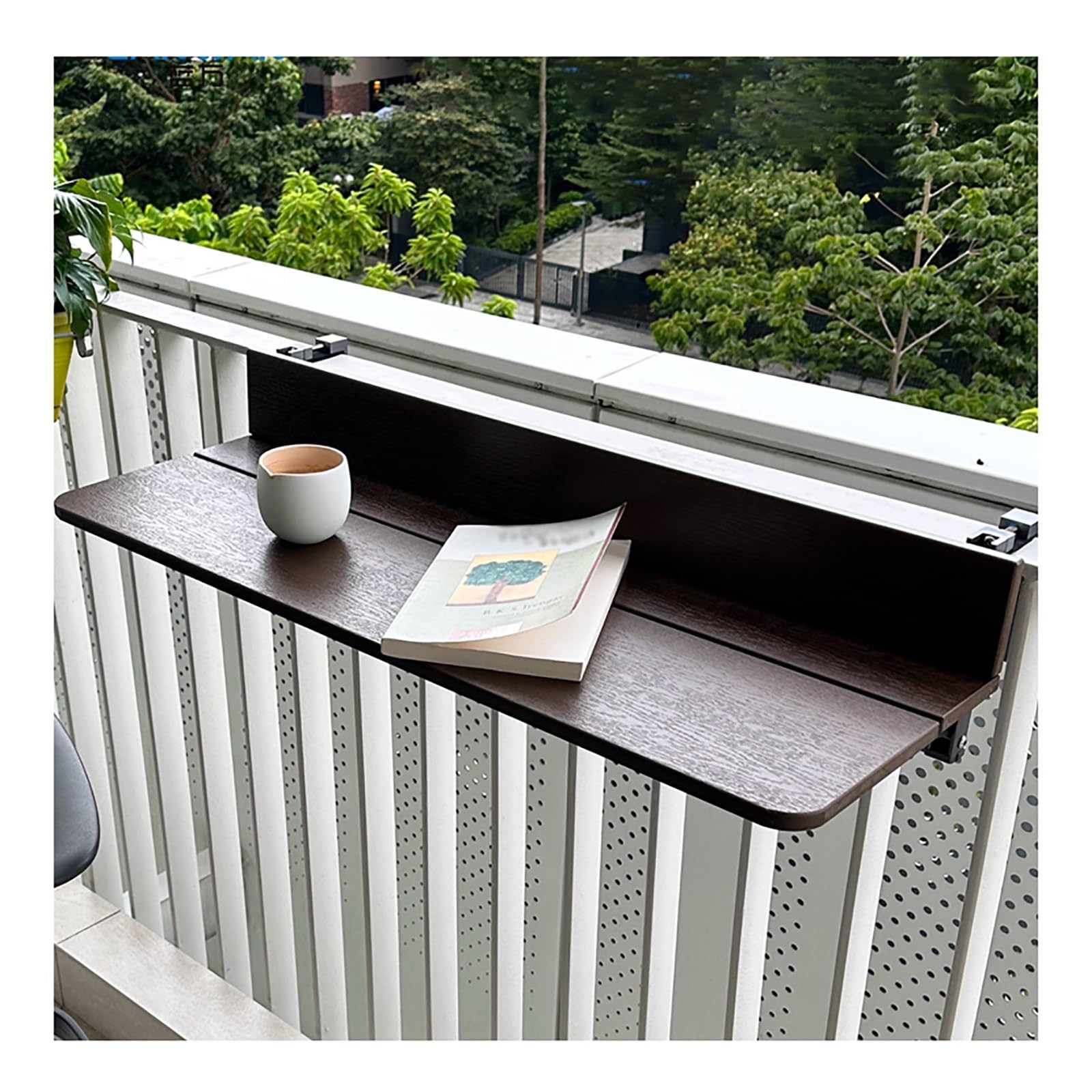 Tavolo sospeso per balcone, Tavolino pieghevole per esterno, Tavolini laterali regolabili a parete per patio, Tavolo ringhiera sospeso pieghevole per balcone, Tavolo sospeso per ringhiera balcone