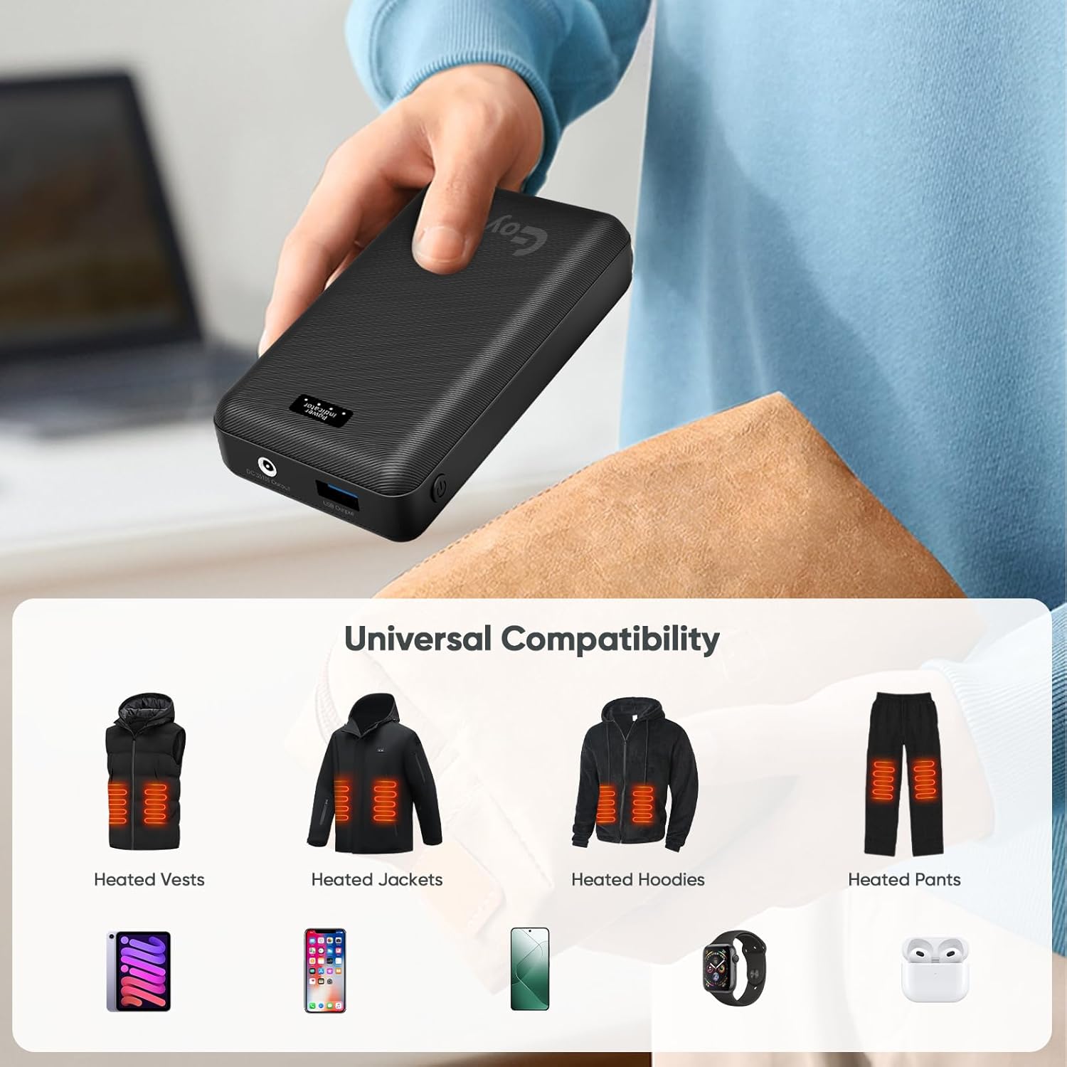 Heated Jacket Battery Pack 7.4V 20000mAh Compatible with ORORO and Venustas, Rechargeable Power Bank for Heated Jacket with LED Display, USB/Type-C/DC Output for Heated Jackets - Image 5